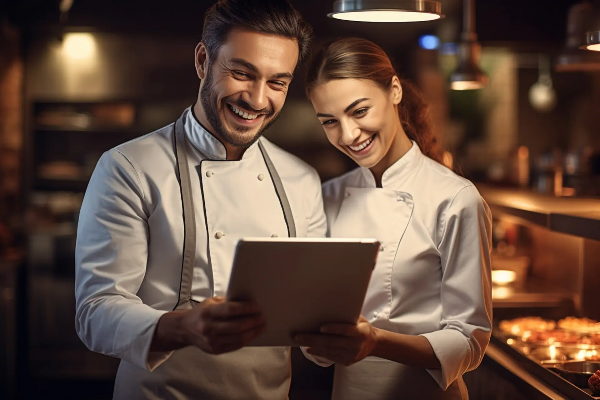 Köchin bestellt Warenlieferung auf Tablet